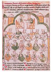 Toledoko kontzilioa irudikatzen duen XIII. mendeko marrazkia. Madrilgo �Biblioteca Nacional�.<br><br>